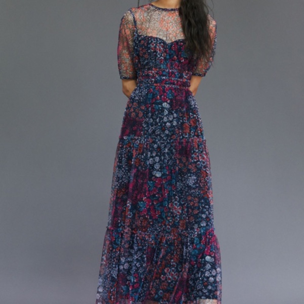 Maeve by Anthropologie Floral Ruched Short Sleeve Lined Maxi Dress Size MP